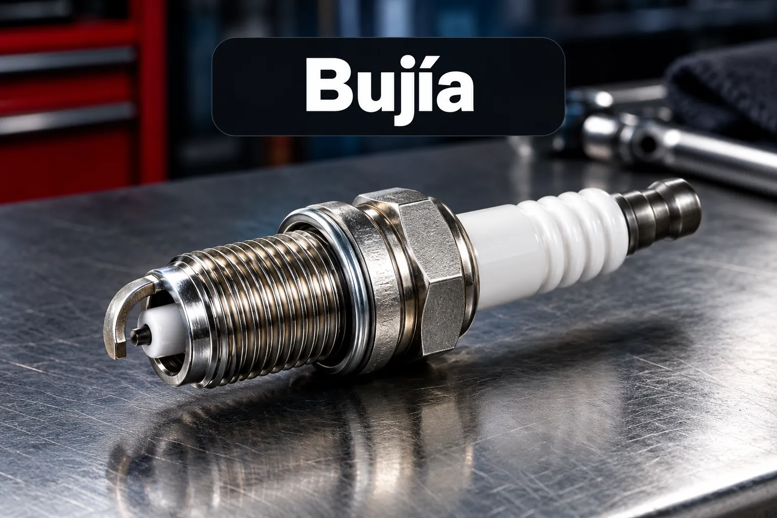 Click to regenerate this image Professional () hero image with SHORT (≤42 chars): 'Bujía', on a dark high-contrast panel, centered with 8% safe margins