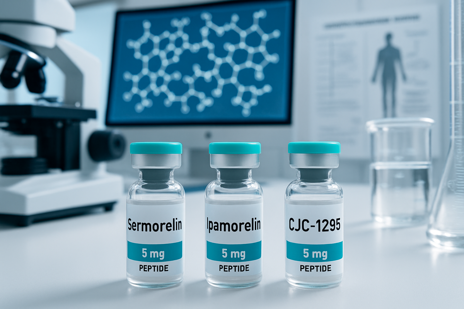 Laboratory research setting showing three distinct peptide vials labeled serm, ipamorelin, and CJC-1295 on a clean white scientific wo
