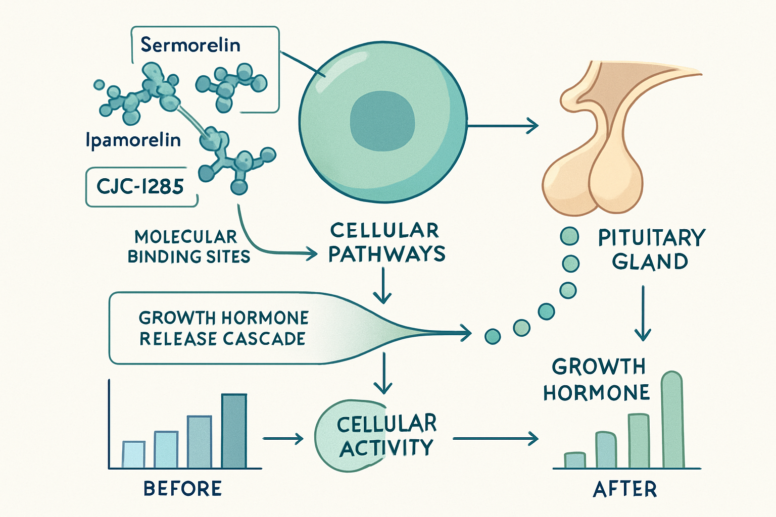 Scientific infographic displaying the mechanism of action for serm-ipamorelin-cjc1295 peptide combination, showing cellular pathways, 