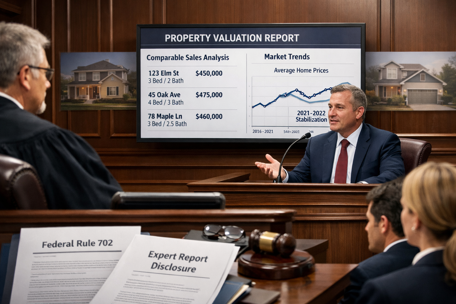 Detailed () image showing professional courtroom scene with expert witness testimony in progress. Focus on witness stand