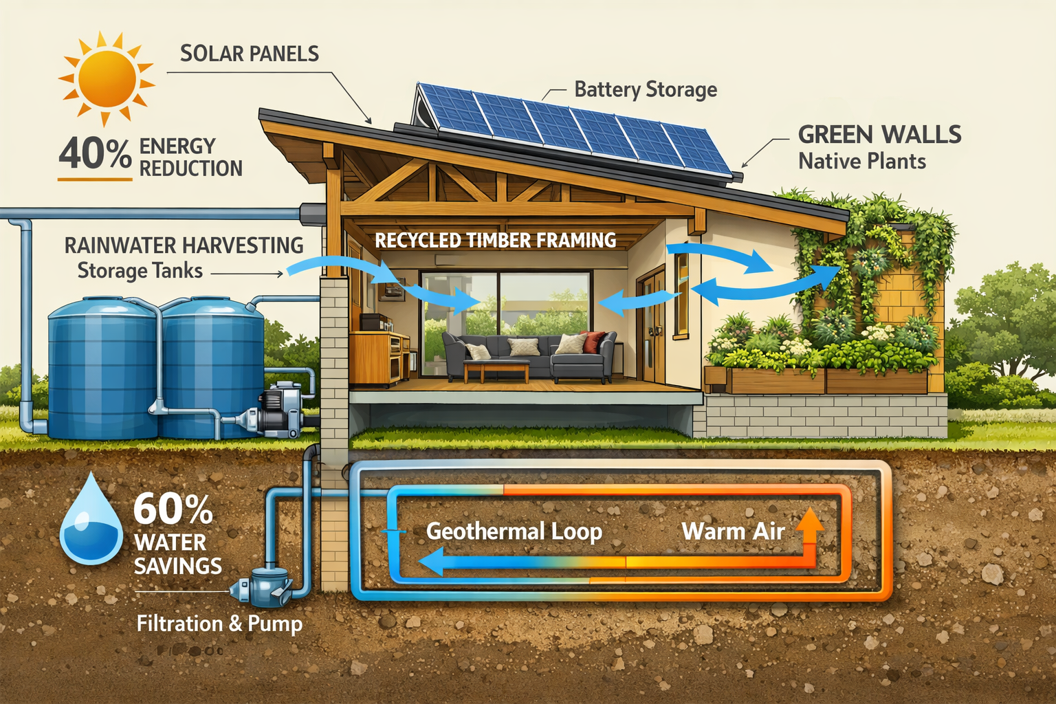 Detailed () image showing cross-section architectural diagram of sustainable eco-residence with labeled green building