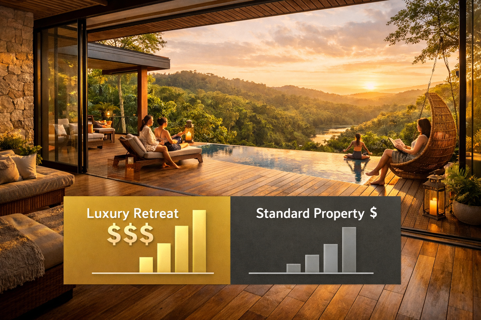 Detailed () image depicting luxury nature-connected property interior-exterior blend: expansive floor-to-ceiling glass walls
