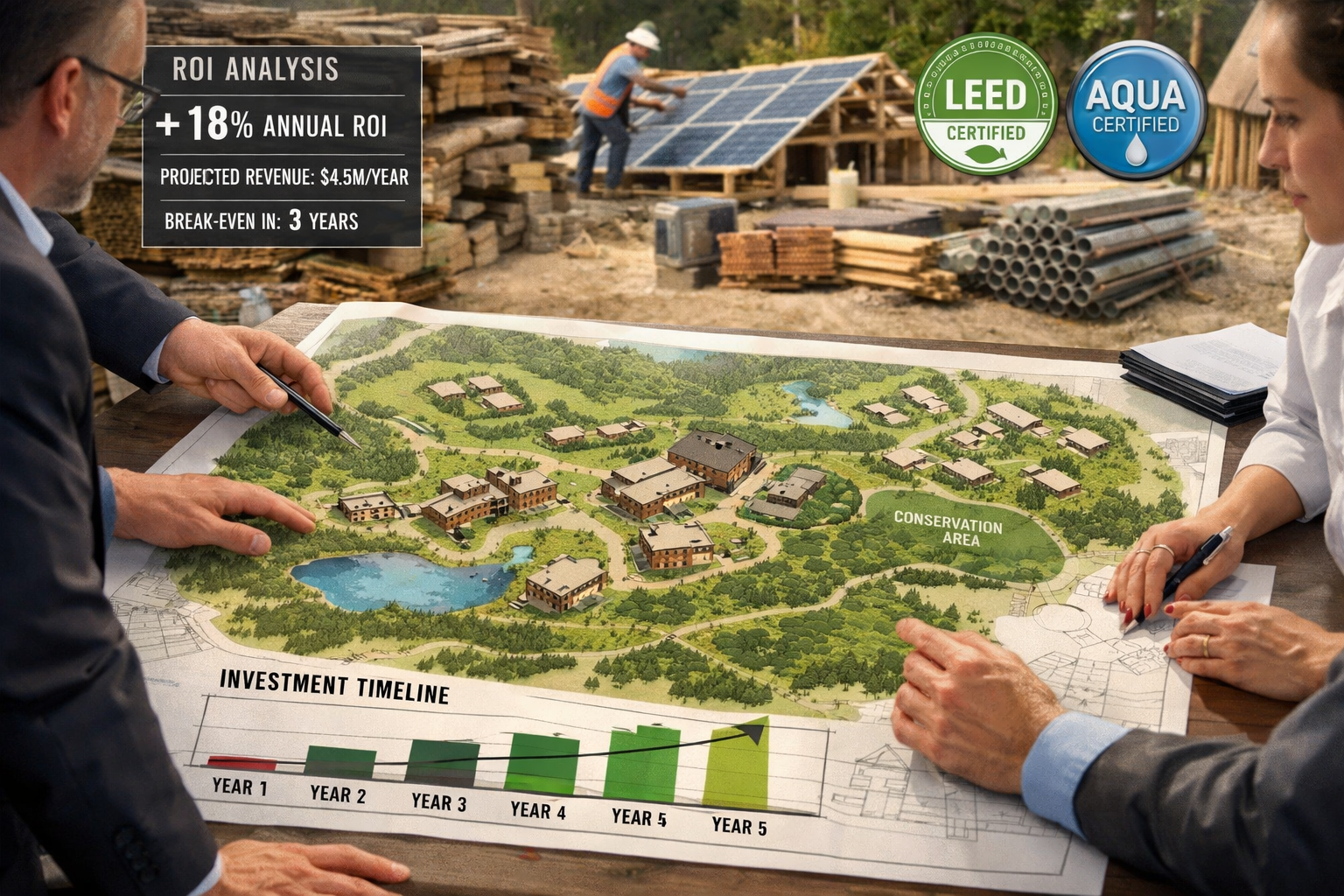 Detailed () image showing developer presentation scene: professional team reviewing large-scale site plan on table
