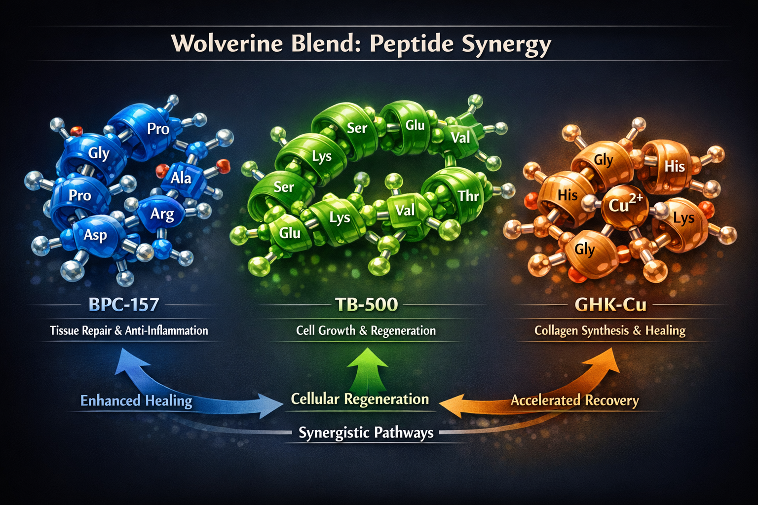 Detailed scientific illustration showing the three-peptide molecular structure of Wolverine blend (BPC-157, TB-500, GHK-Cu) with labeled ami