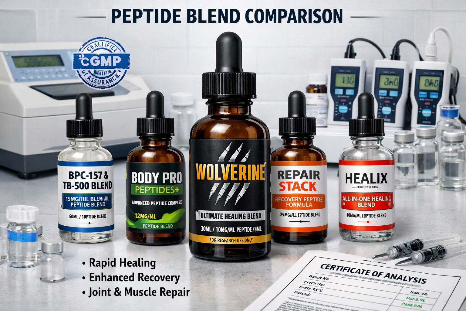 High-quality product comparison infographic displaying various peptide blend bottles on laboratory counter, Wolverine blend prominently feat