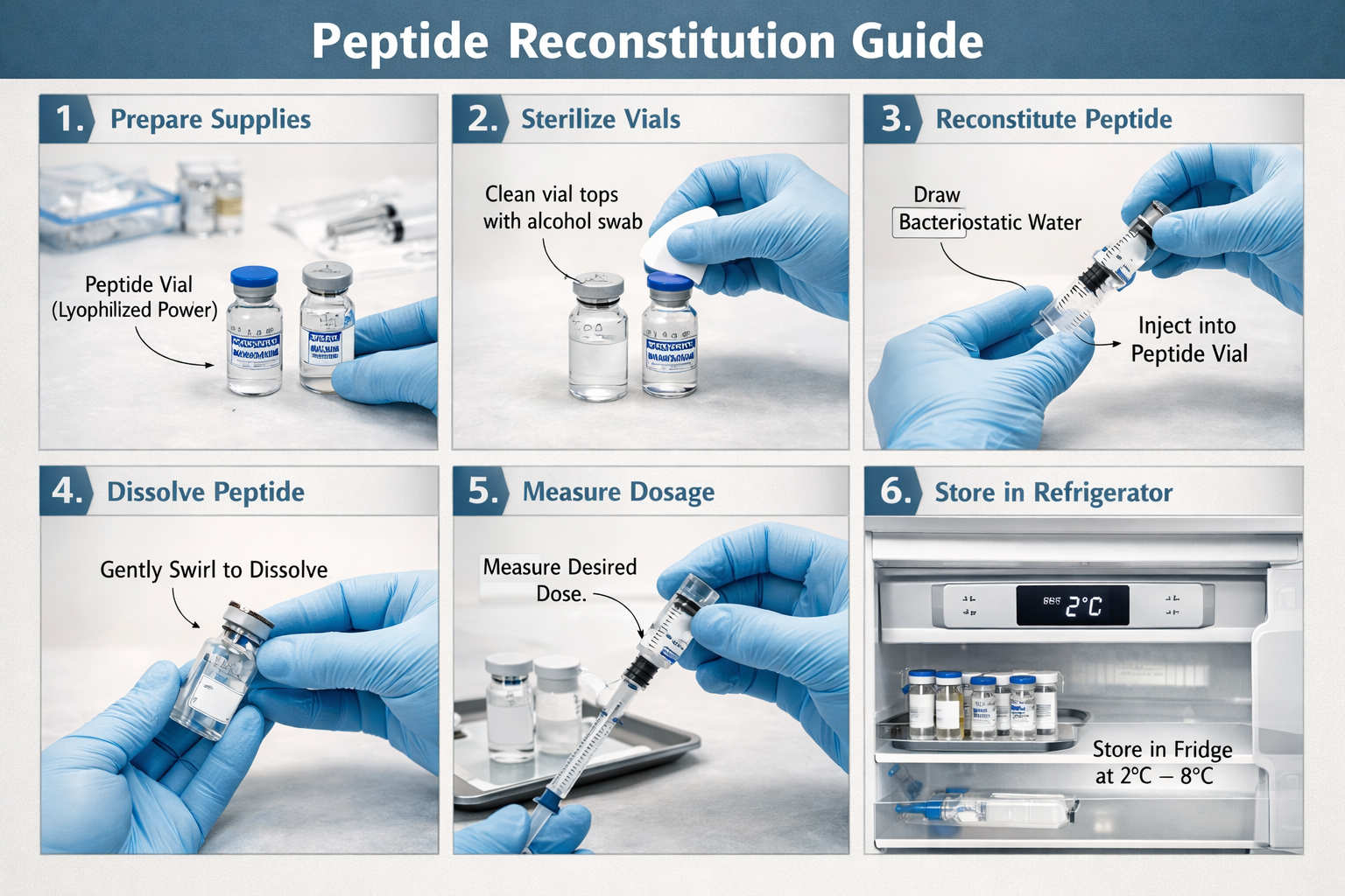 Step-by-step visual guide showing proper peptide reconstitution process, hands in laboratory gloves handling sterile vials, bacteriostatic w