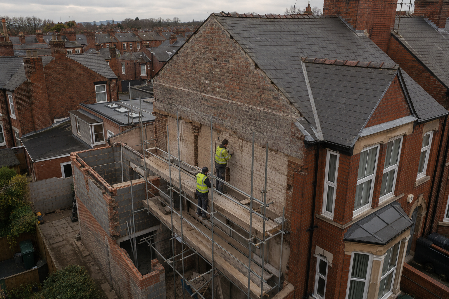 Close-up aerial view of a Liverpool residential street undergoing extension works, scaffolding erected against a
