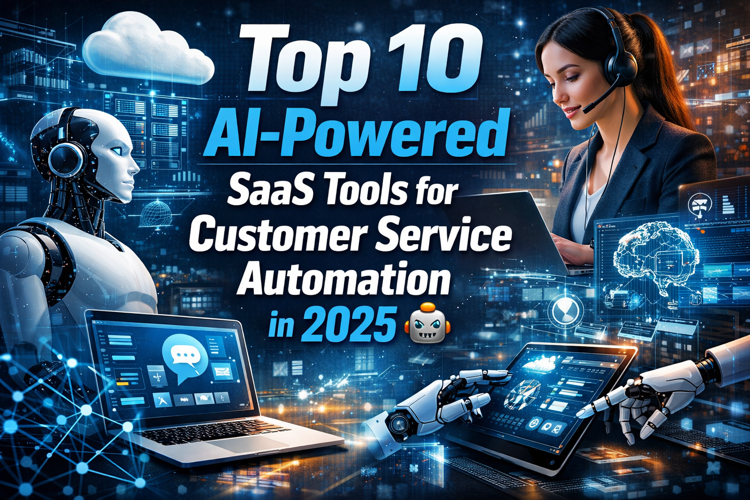 Professional landscape hero image (1536x1024) with bold text overlay: "Top 10 AI-Powered SaaS Tools for Customer Service Automation in 2025