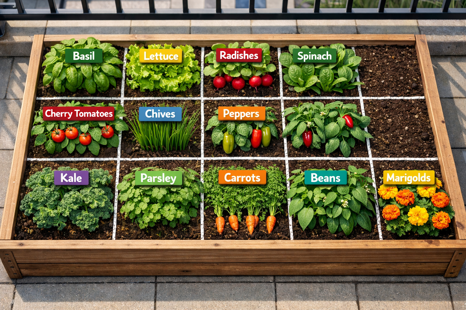 () detailed illustration showing a bird's-eye view overhead shot of a classic square foot gardening grid laid out inside a