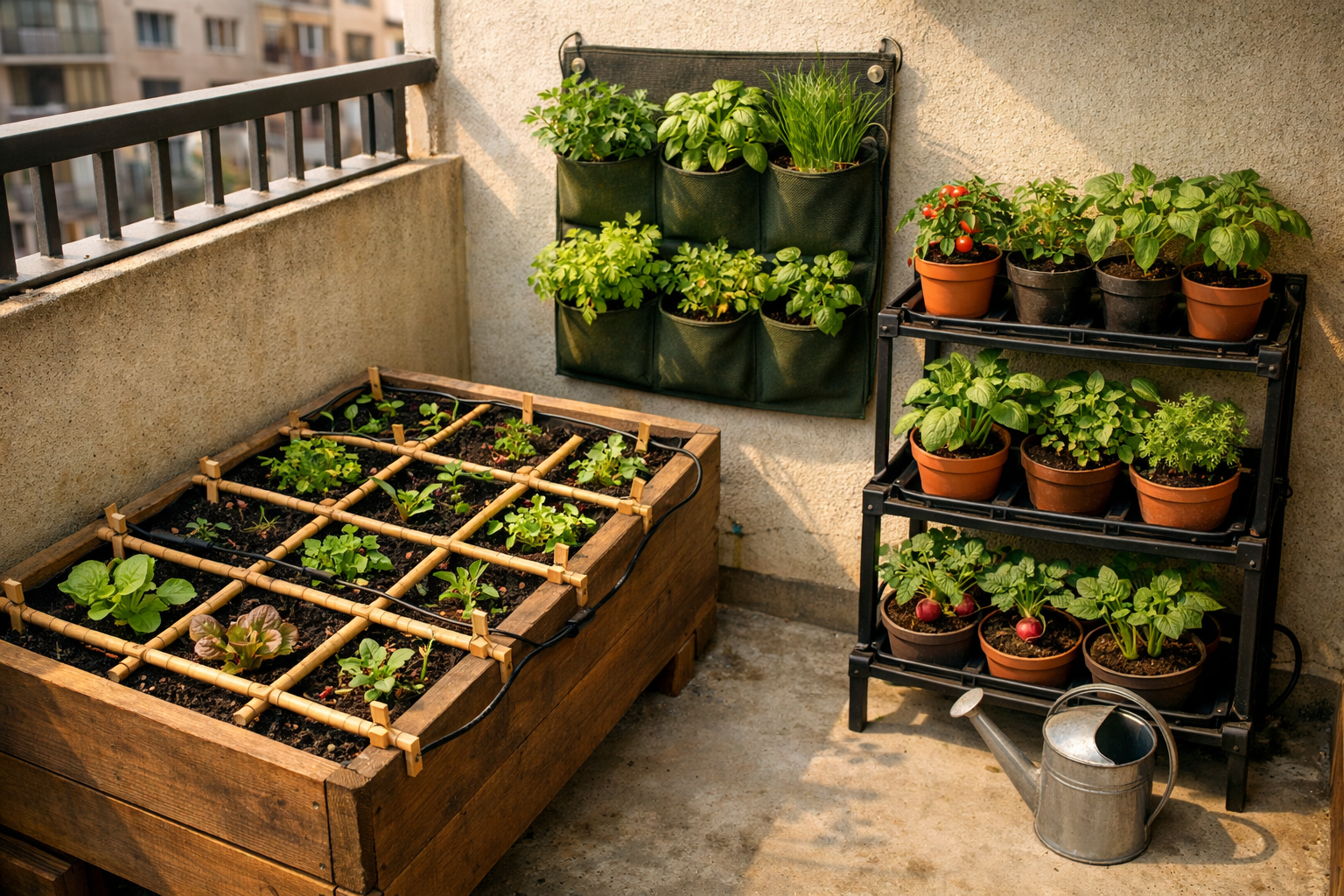 () close-up eye-level photograph-style image of a small urban balcony approximately 4x6 feet showing three different