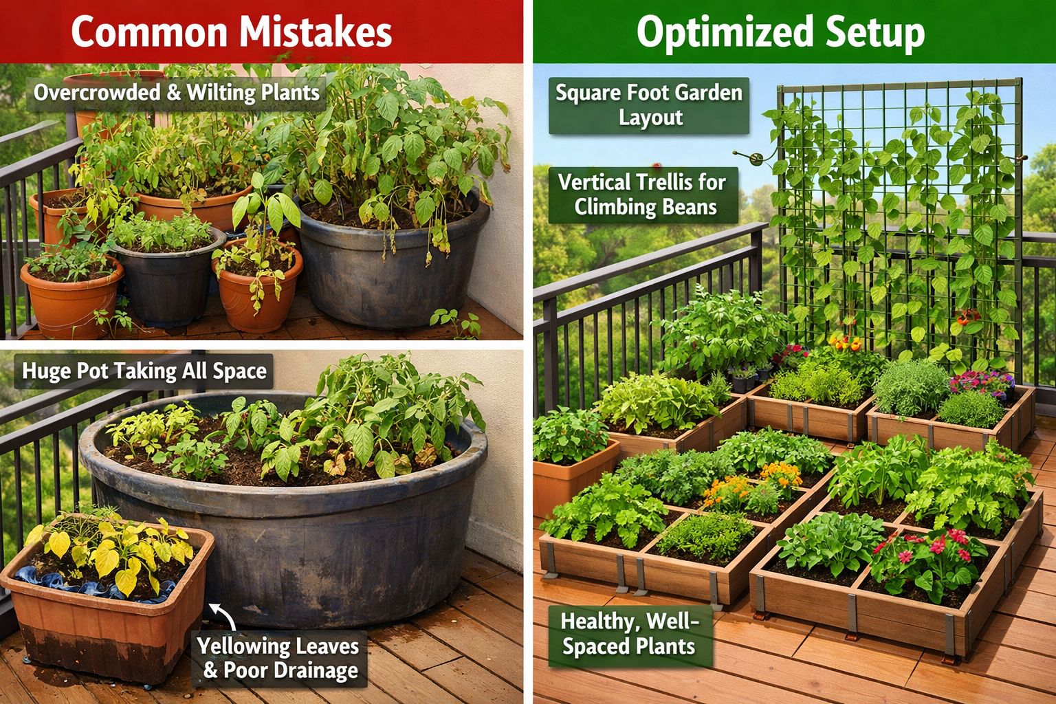() split-panel comparison image showing LEFT SIDE: common balcony square foot gardening mistakes including overcrowded pots