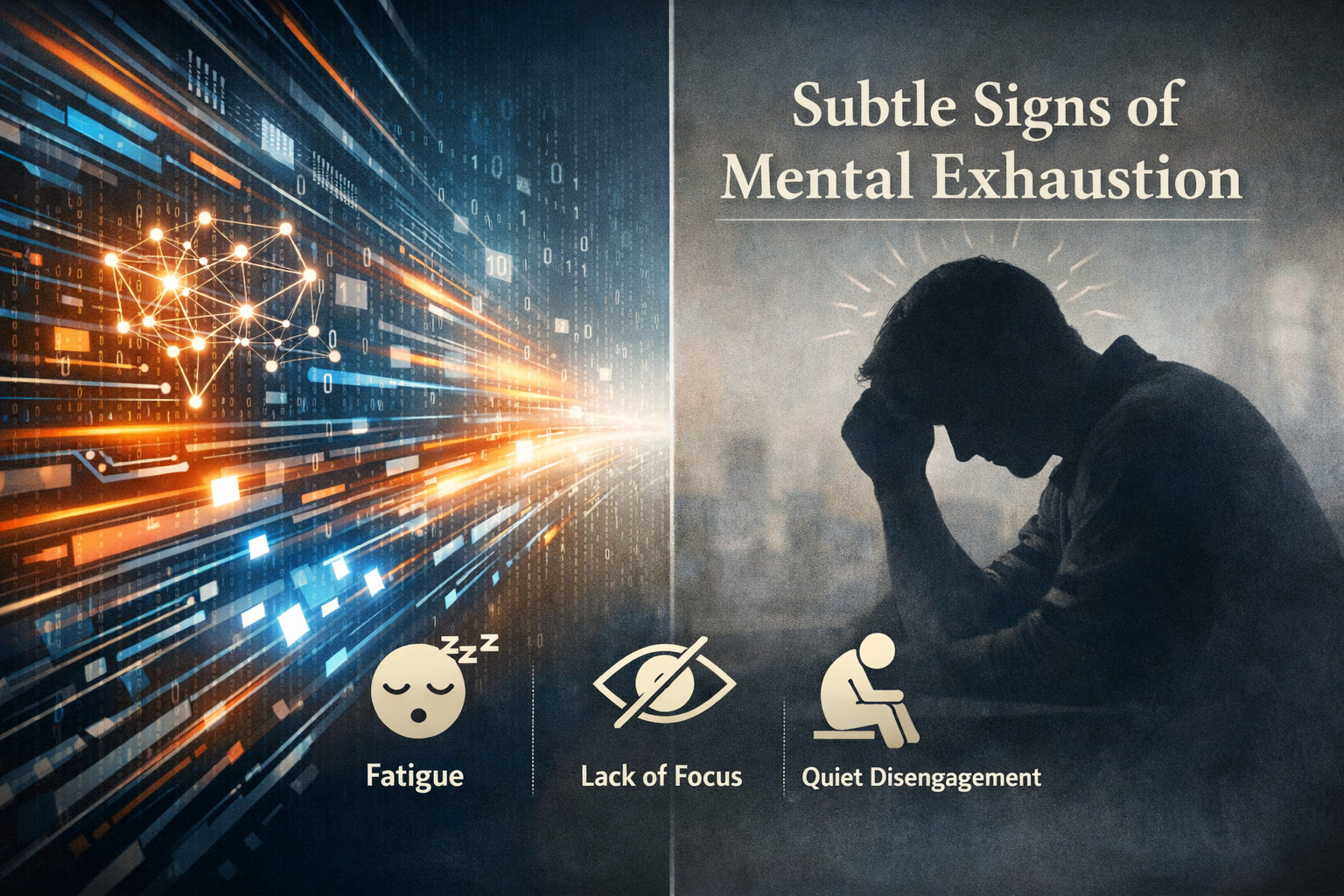 Quiet Burnout in the AI Era: Recognizing 7 Subtle Signs of Mental Exhaustion 2 Landscape format (1536x1024) editorial image featuring a split visual. On one side, abstract representations of AI algorithms and data strea