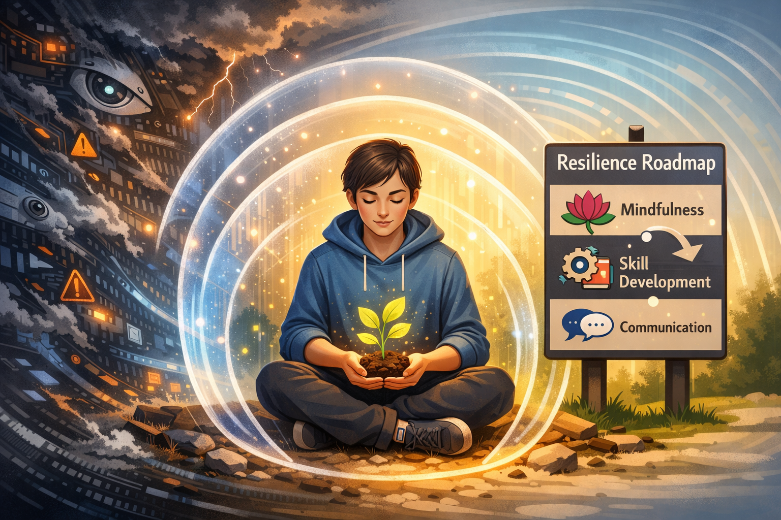 Quiet Burnout in the AI Era: Recognizing 7 Subtle Signs of Mental Exhaustion 3 Landscape format (1536x1024) conceptual illustration depicting a person cultivating resilience amidst a swirling vortex of AI-related stress