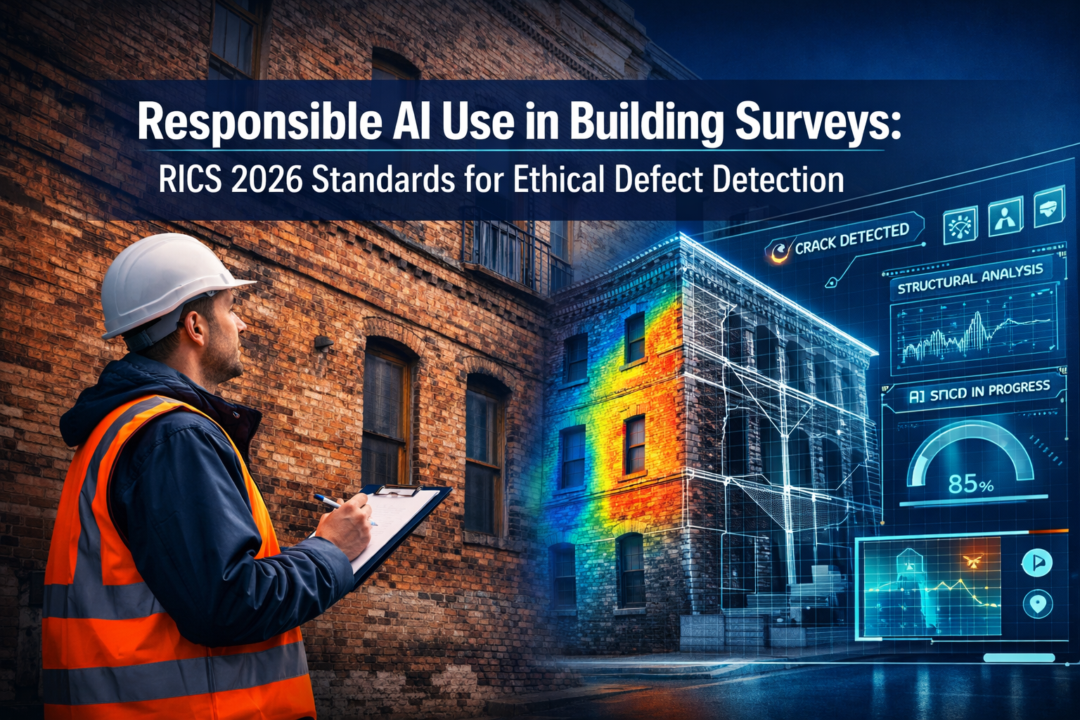 Professional () hero image featuring 'Responsible AI Use in Building Surveys: RICS 2026 Standards for Ethical Defect