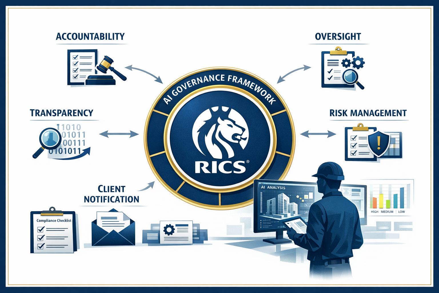 () detailed infographic showing RICS AI governance framework with five interconnected pillars: accountability, transparency,