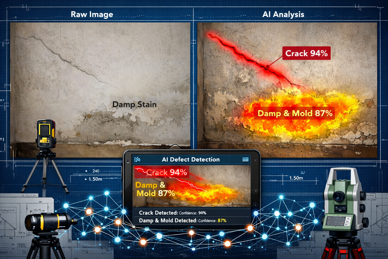 () split-screen comparison showing AI-powered defect detection in action. Left panel: raw building survey photograph of wall