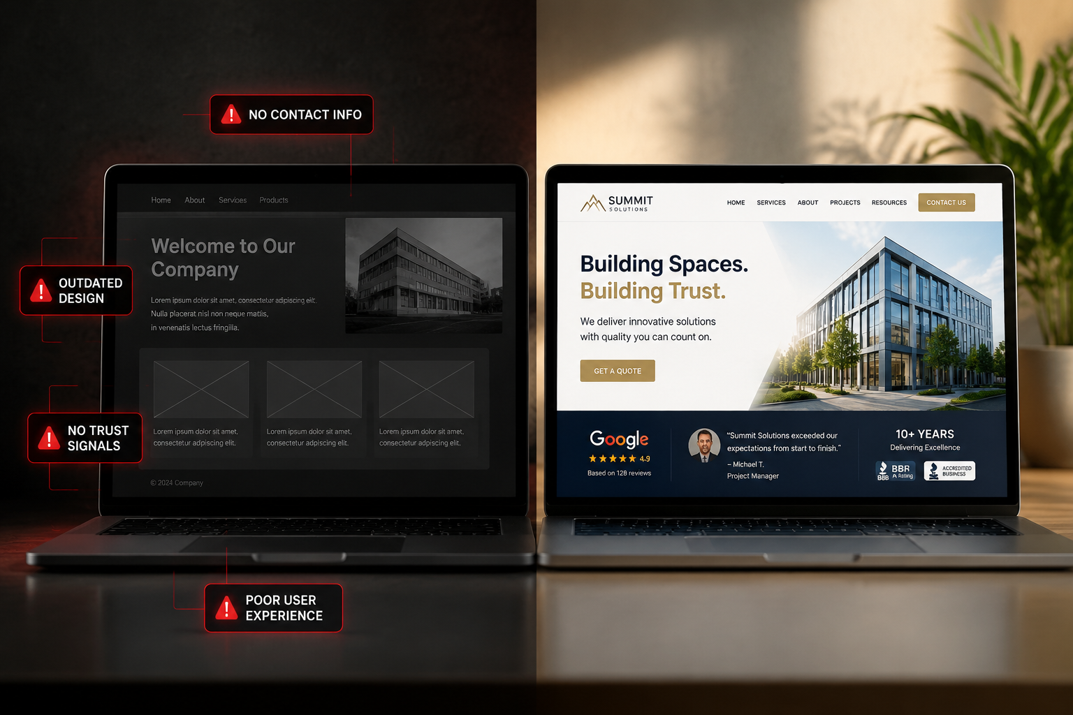 () visual showing before/after comparison of business websites. Left side displays unprofessional site with poor design,