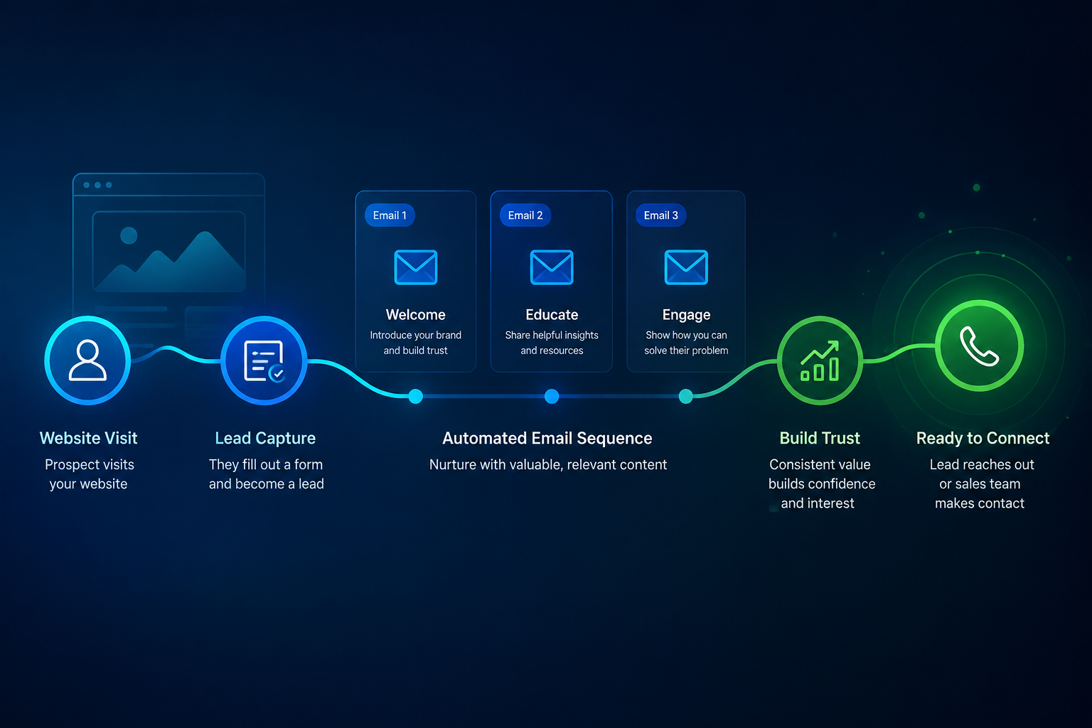 () illustration of automated lead nurturing system in action. Shows prospect's journey from initial website visit through