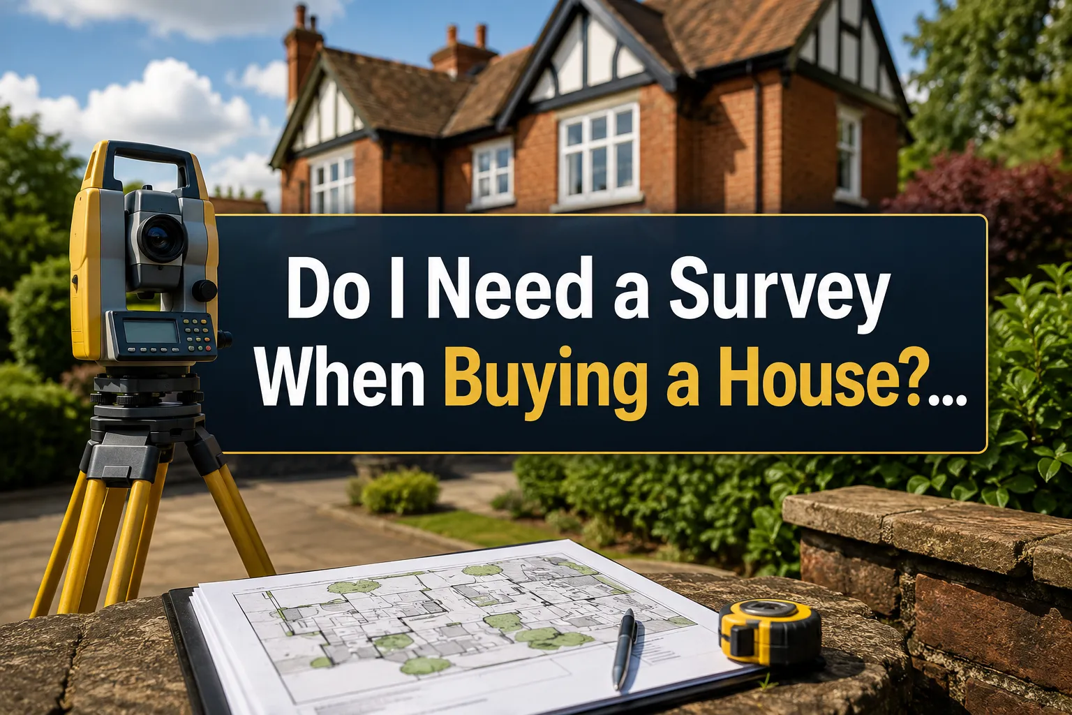 A reading "Do I Need a Survey When Buying a House?…". CRITICAL TYPOGRAPHY RULES: render the text on 1–2 lines, centered,