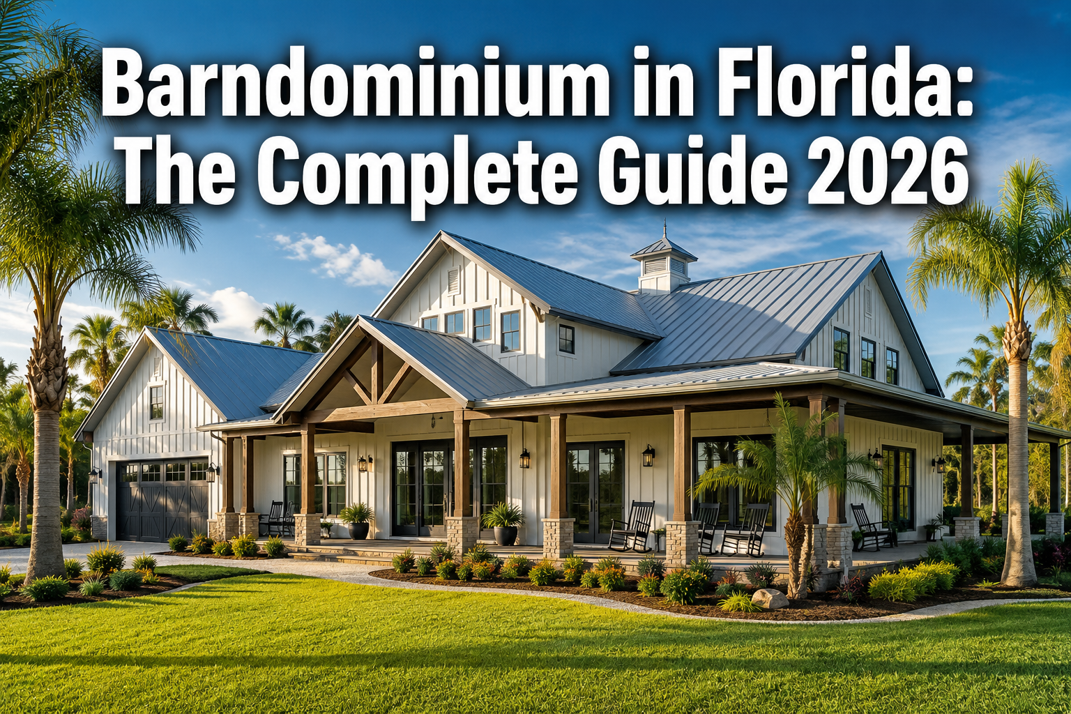 Professional () hero image with : 'Barndominium in Florida: The Complete Guide 2026' in extra large white with dark drop ,