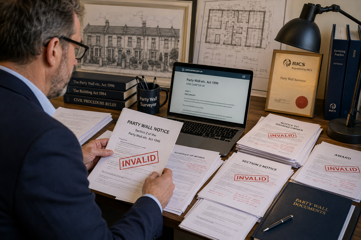 Wide-angle editorial photograph of a professional party wall surveyor at a desk reviewing stacked legal notices and property