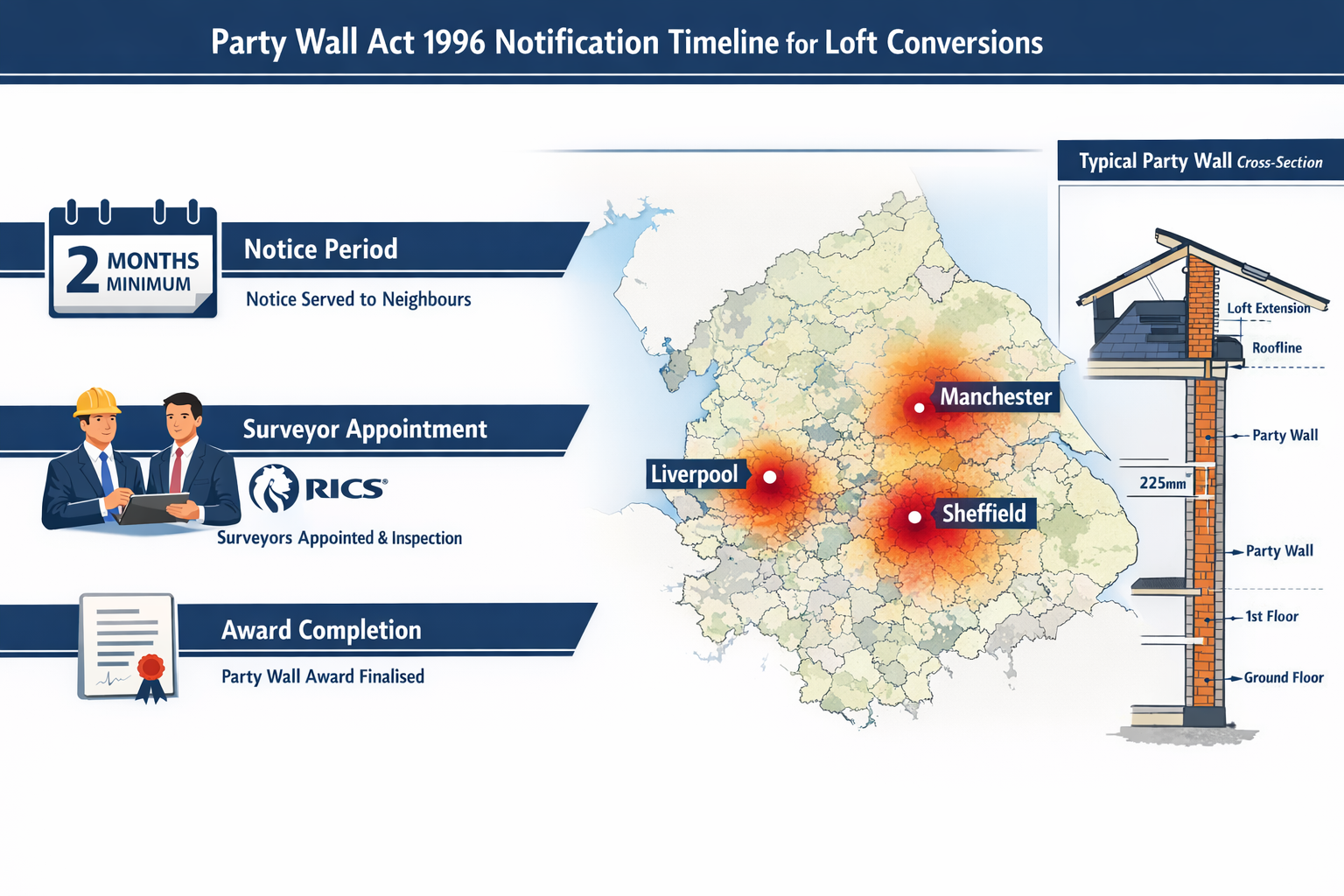 Landscape format (1536x1024) detailed infographic showing Party Wall Act 1996 notification timeline for loft conversions. Visual displays th