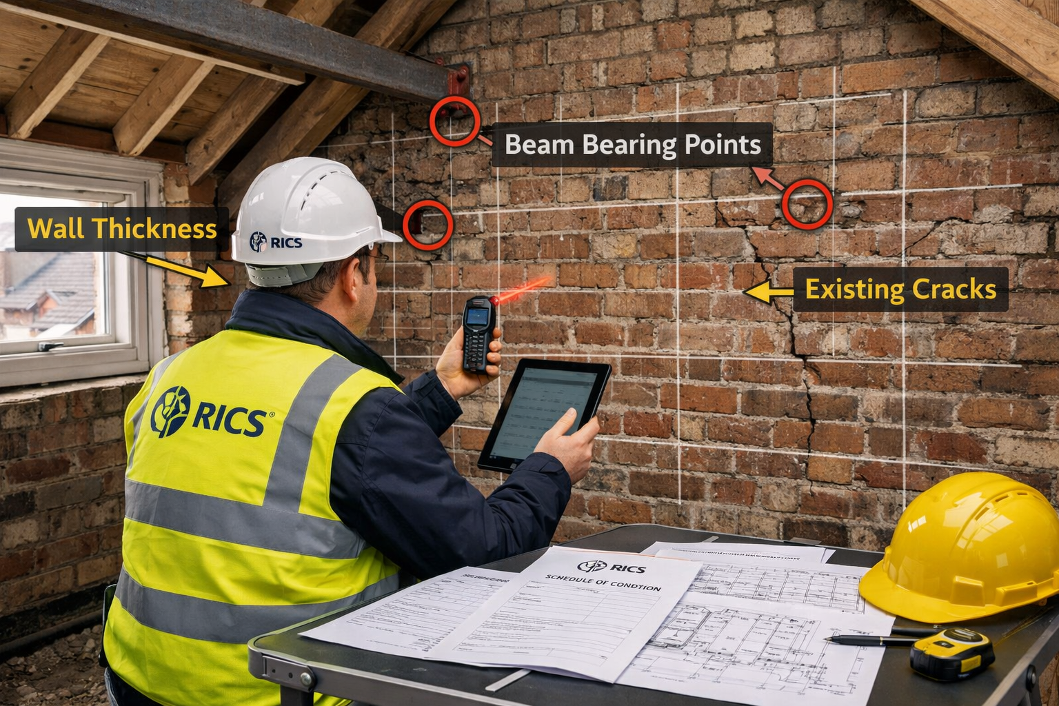 Landscape format (1536x1024) professional photograph of RICS chartered surveyor conducting schedule of condition survey in Victorian terrace