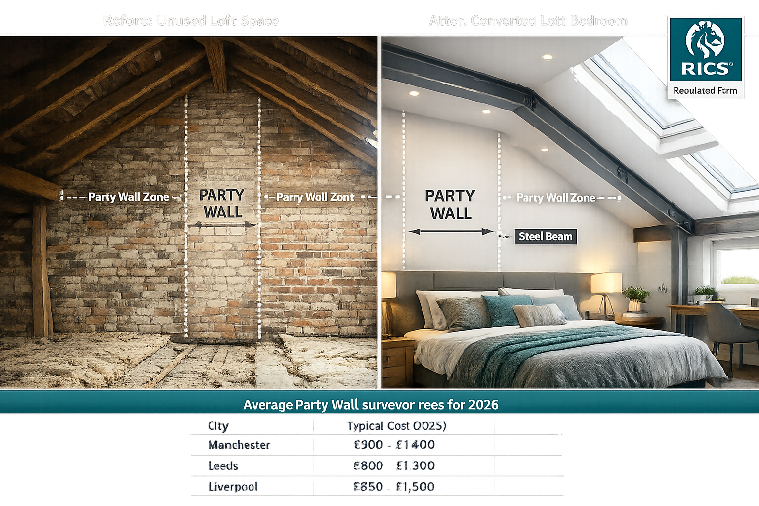 Landscape format (1536x1024) comparative visual showing before-and-after loft conversion impact on Northern terraced housing. Split-screen c