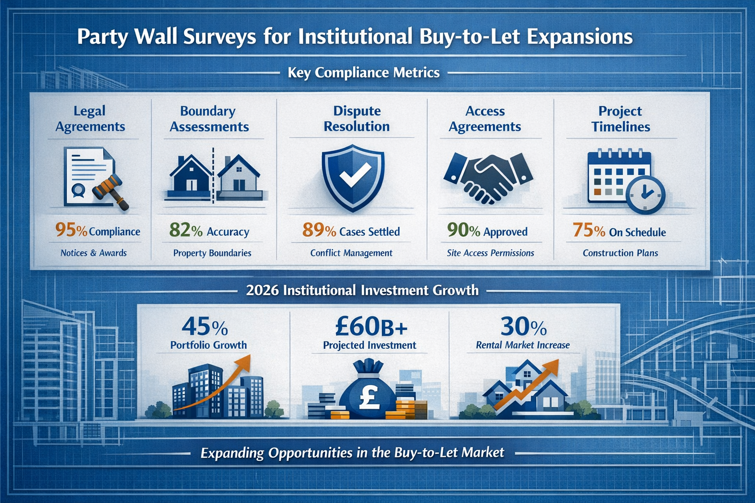 A comprehensive key takeaways infographic for 'Party Wall Surveys for Institutional Buy-to-Let Expansions', featuring a