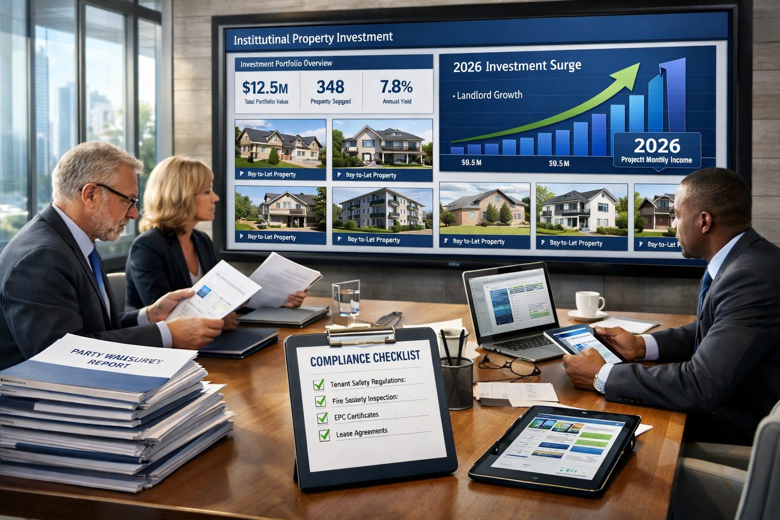 Comprehensive () business concept visualization featuring institutional property investment portfolio dashboard on large