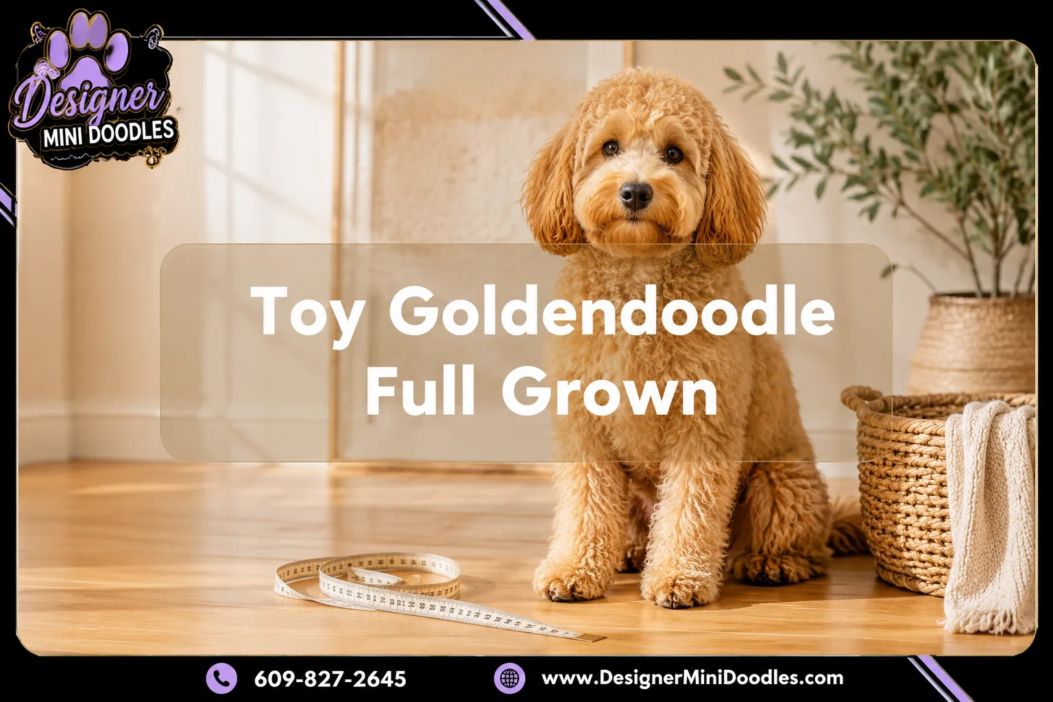 Professional () editorial hero image with SHORT : 'Toy Goldendoodle Full Grown', crisp white on a warm cream
