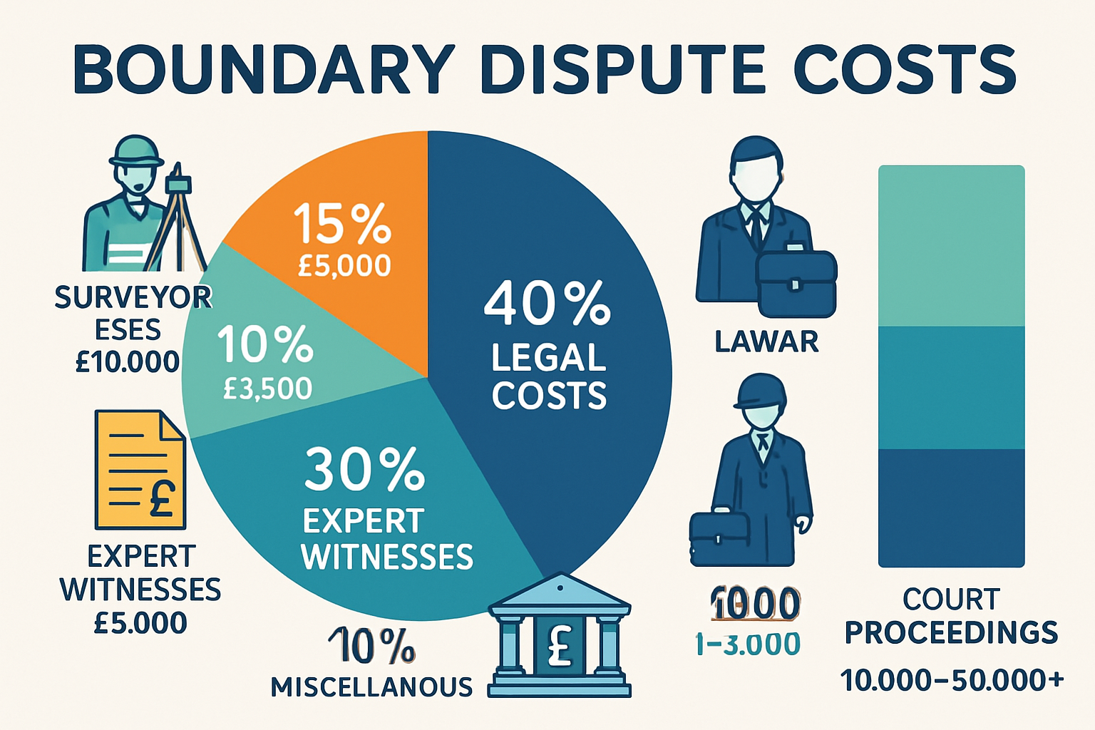 Detailed infographic illustration showing breakdown of boundary dispute costs in landscape format (1536x1024). Central pie chart displaying 