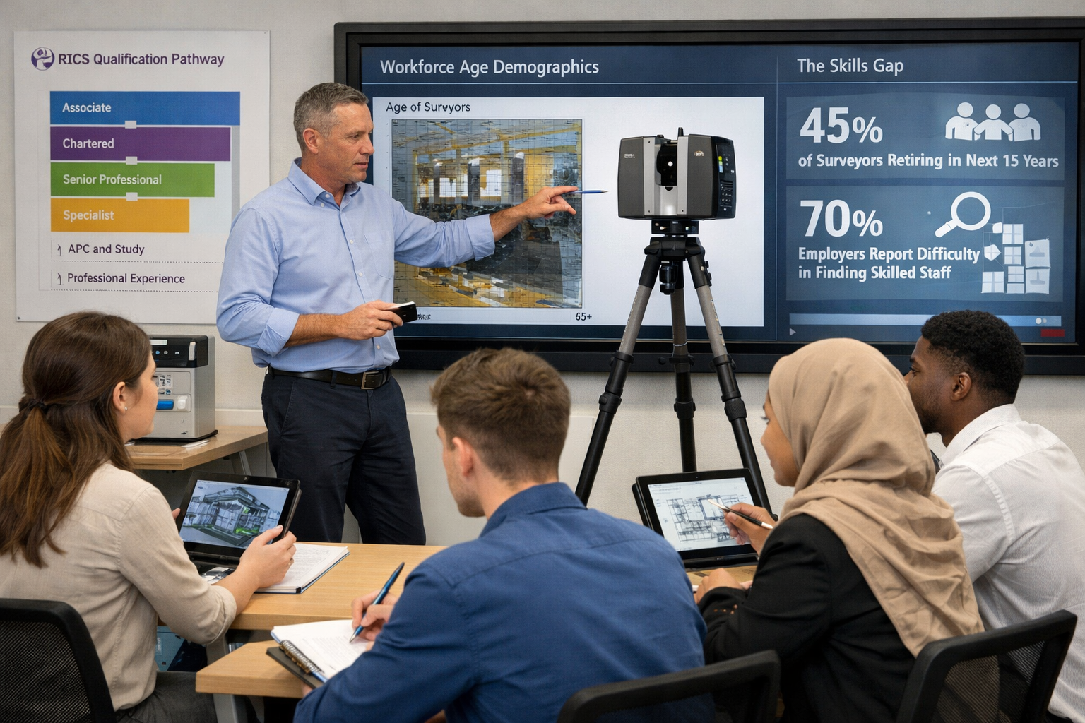 Landscape format (1536x1024) editorial image showing modern surveying classroom with young apprentices learning digital surveying technology