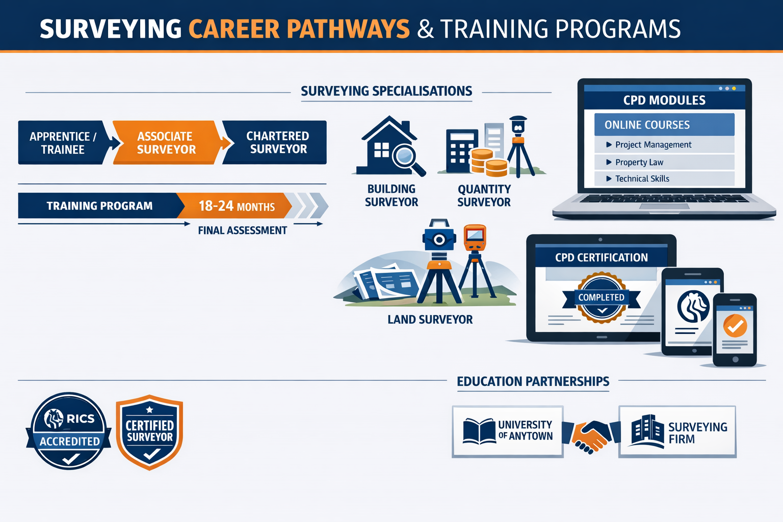 Landscape format (1536x1024) professional infographic-style image displaying surveying career pathways and training programs. Visual element