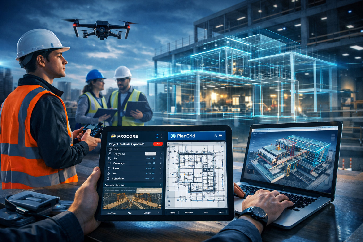 Landscape format (1536x1024) dynamic image showing technology integration in surveying training. Scene features young surveyor using drone f
