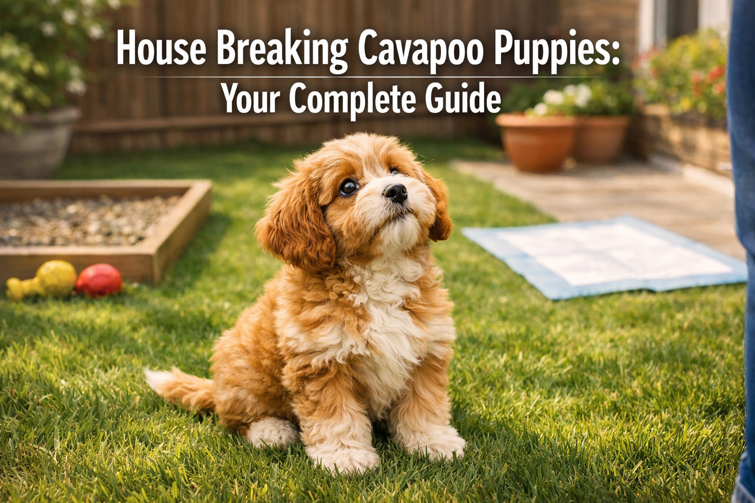 Professional landscape hero image (1536x1024) featuring adorable fluffy Cavapoo puppy sitting attentively on fresh green grass in sunny back