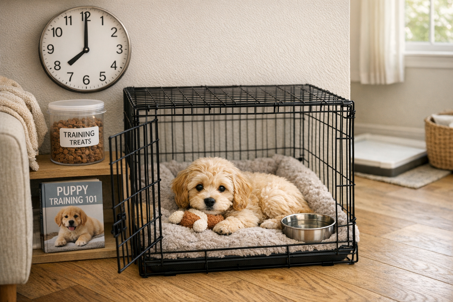 High-quality lifestyle photograph (1536x1024) depicting cozy indoor scene with cream-colored Cavapoo puppy resting comfortably in appropriat