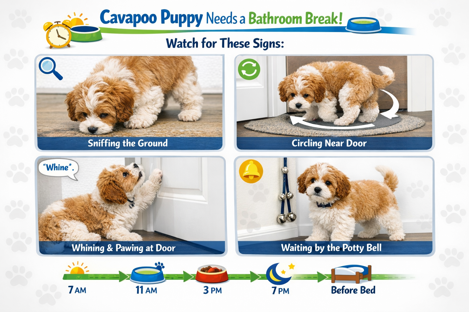 Professional infographic-style photograph (1536x1024) showing Cavapoo puppy behavioral signals and body language indicators for needing bath