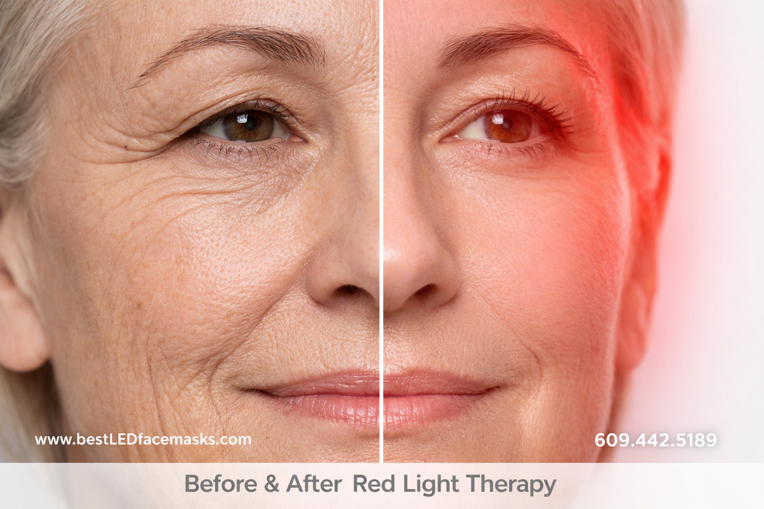 () editorial image showing a close-up split-panel comparison: left side shows aging skin with fine lines and wrinkles under