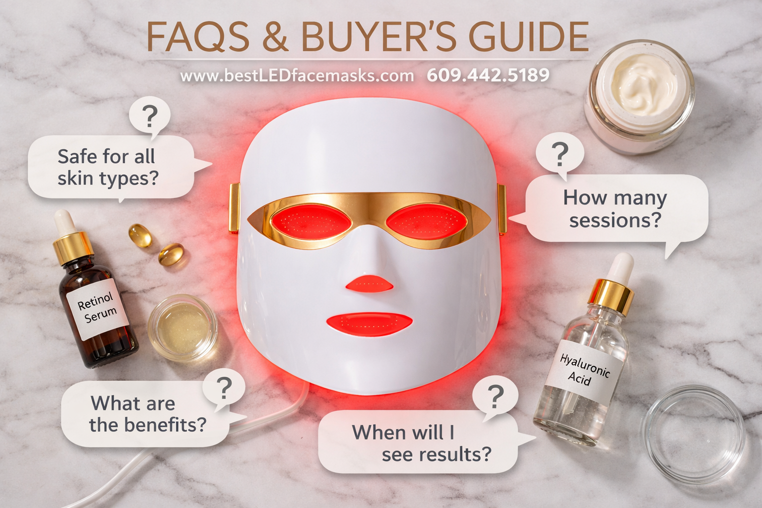 () FAQ and buyer's guide visual featuring a modern flat-lay of the Renu-Gen red light therapy mask on a marble surface