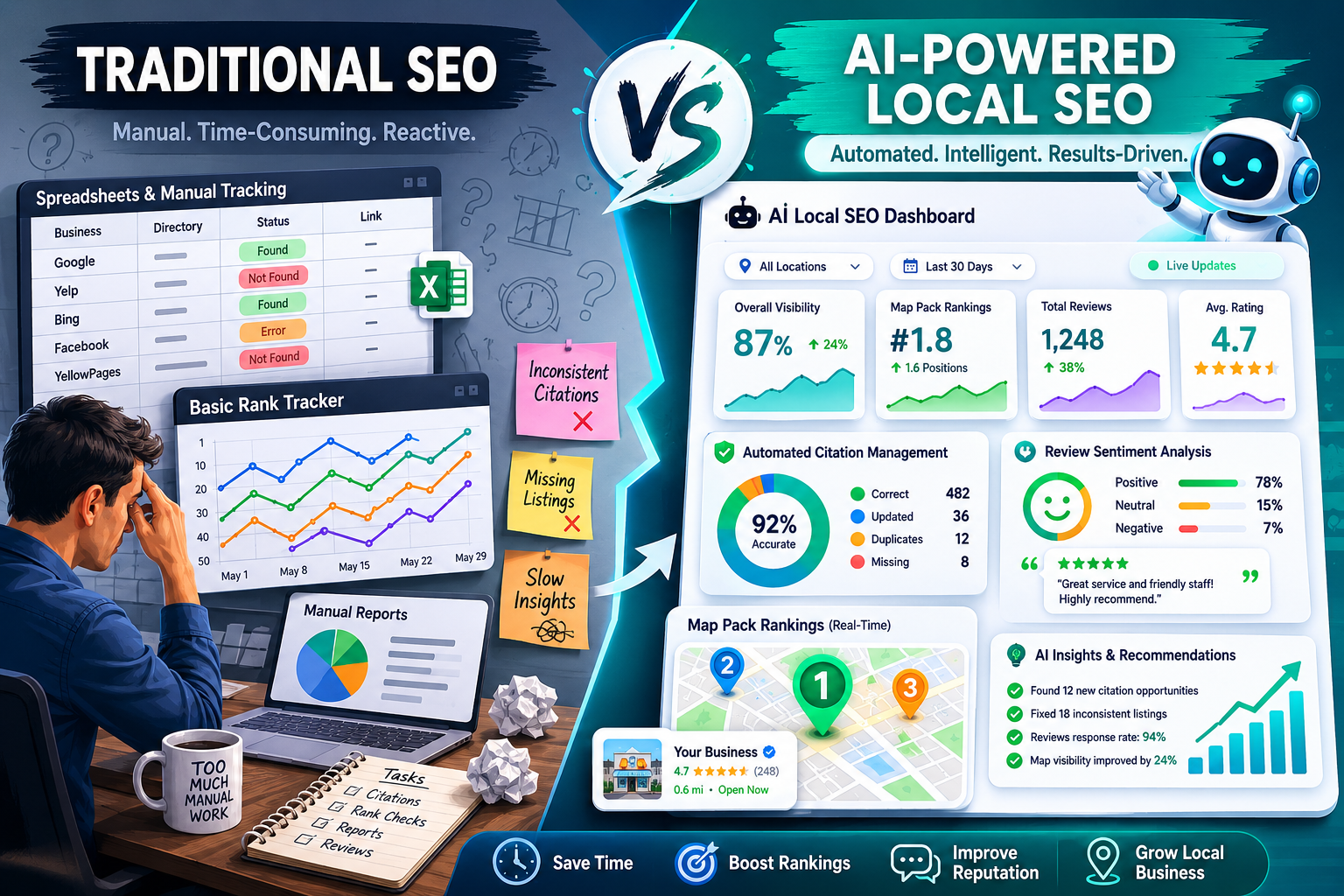 AI Tools For Local SEO Landscape format (1536x1024) infographic-style illustration showing a split comparison between traditional SEO software interface on the left with manual spreadsheets and basic rank trackers, versus an AI-powered local SEO dashboard on the right displaying automated citation management, review sentiment analysis, and real-time map pack rankings. Bold labels, clean flat design, teal and navy color palette, data visualization elements, professional editorial quality.