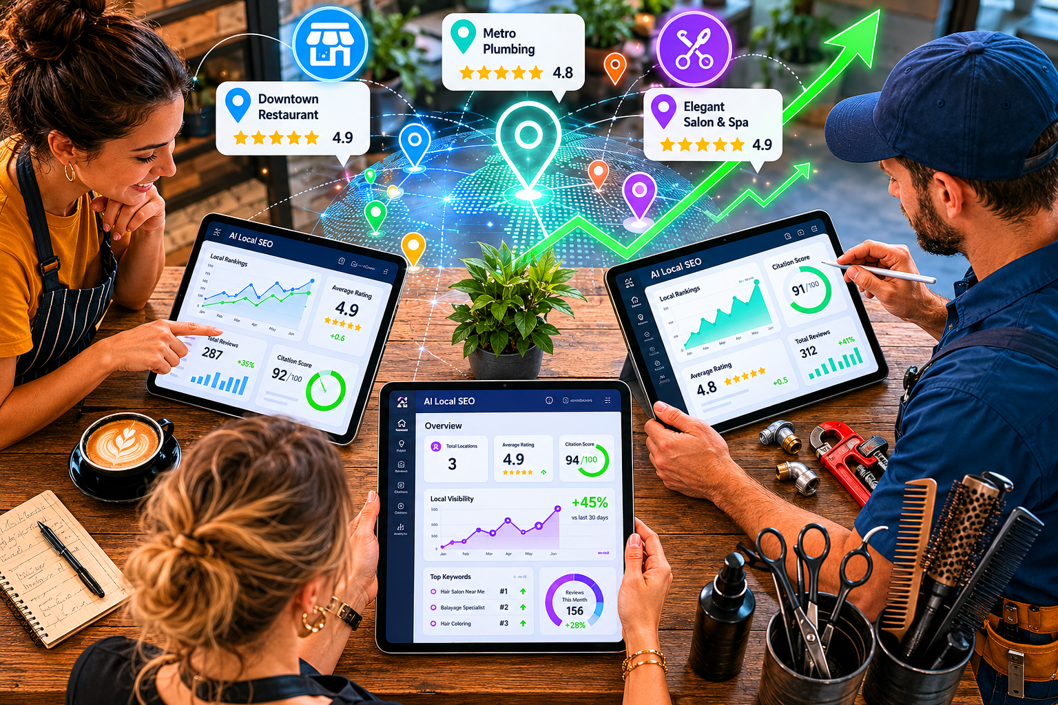 AI Tools for Local SEO Landscape format (1536x1024) top-down aerial perspective of a diverse group of small business owners — a restaurant owner, a plumber, and a salon manager — each looking at tablets displaying AI local SEO dashboards with star ratings, citation scores, and local ranking graphs. Icons for multiple business locations float above each device. Bright, approachable color palette with green growth arrows, professional editorial quality, realistic photography style.