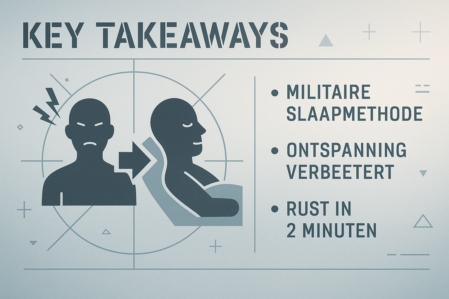Infographic for 'Key Takeaways' with minimalist military-inspired design, featuring abstract sleep/relaxation iconography. Central graphic s