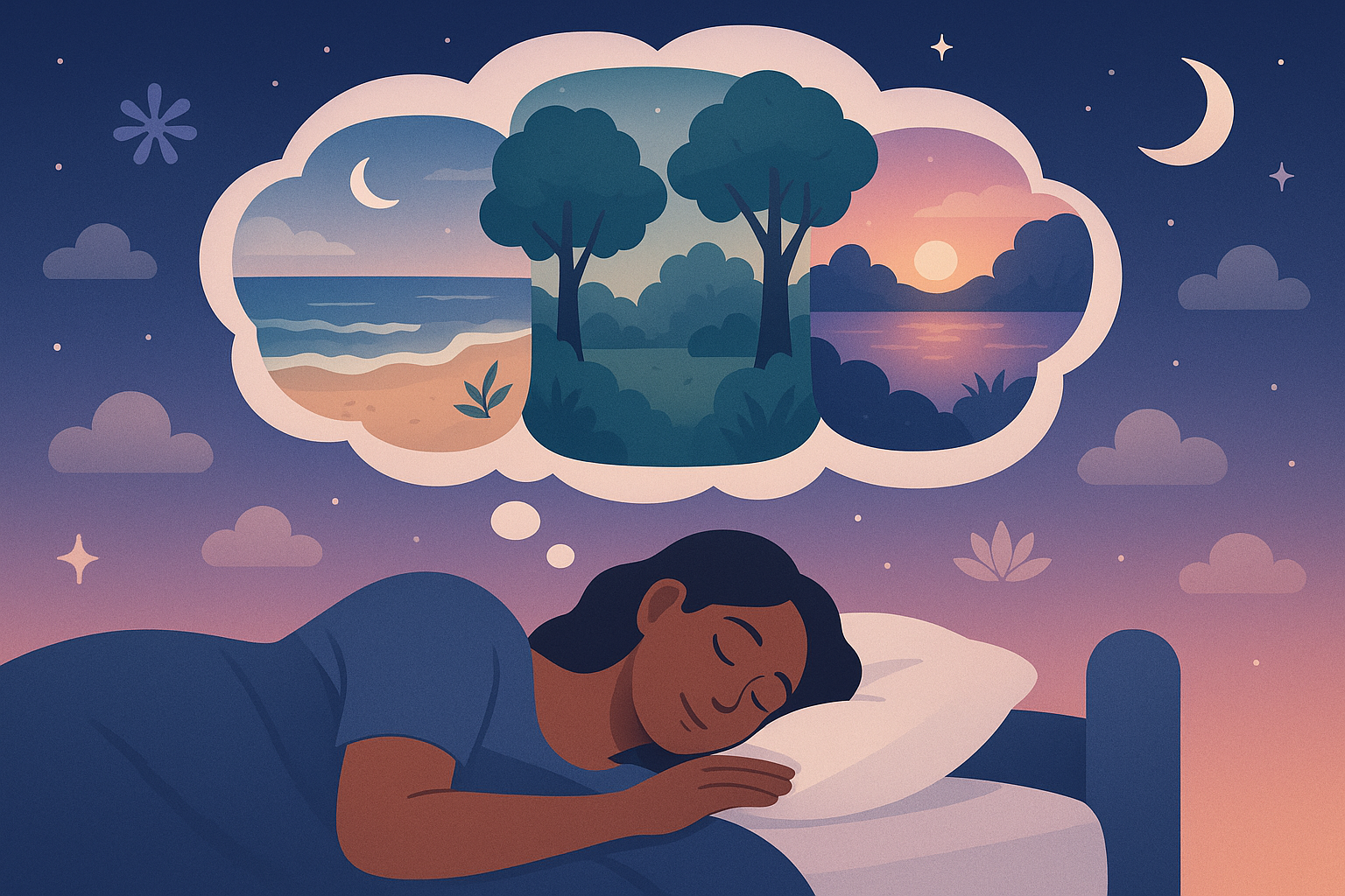 Conceptual landscape illustration (1536x1024) depicting mental visualization techniques for sleep. Dreamy, layered composition showing perso