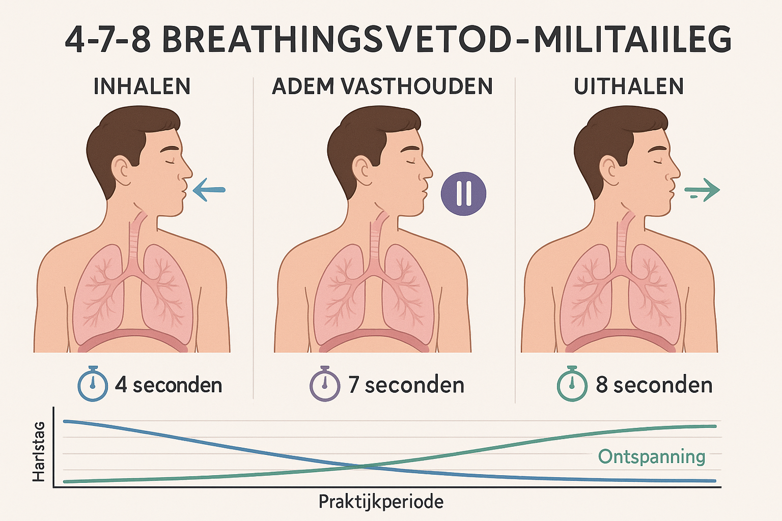 Professional comparison chart infographic (1536x1024) showing the 4-7-8 breathing technique integrated with military sleep method. Three-pan
