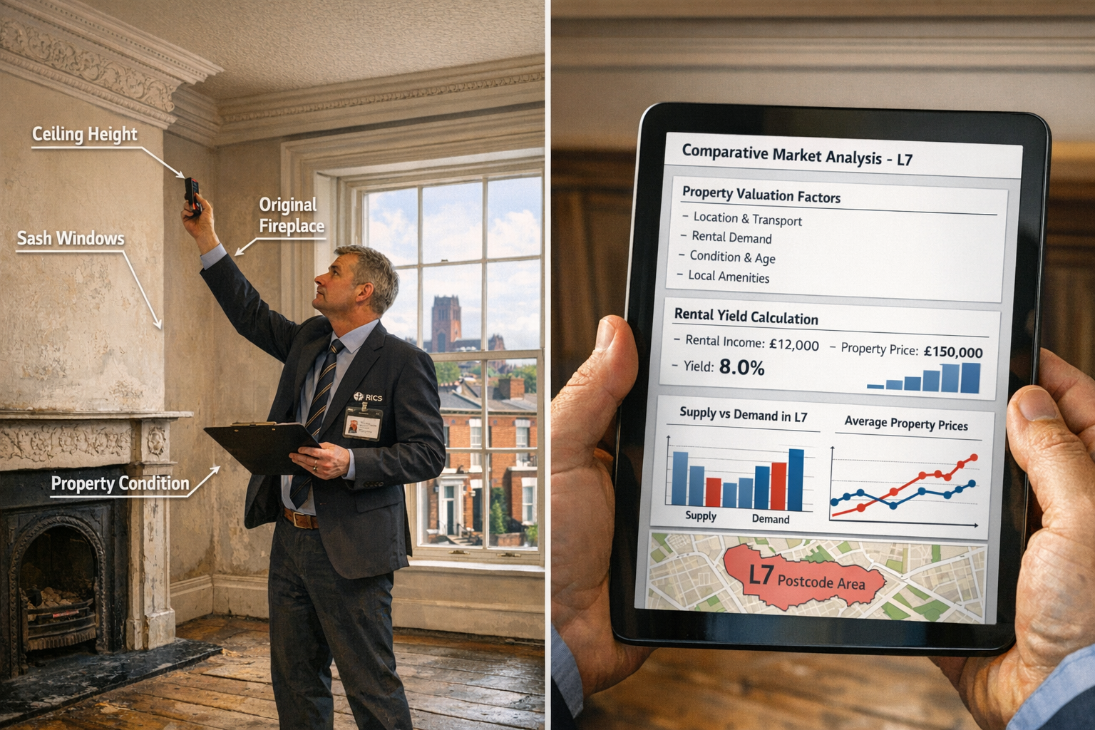 Detailed () image showing RICS chartered surveyor conducting property inspection in Liverpool Georgian terrace house