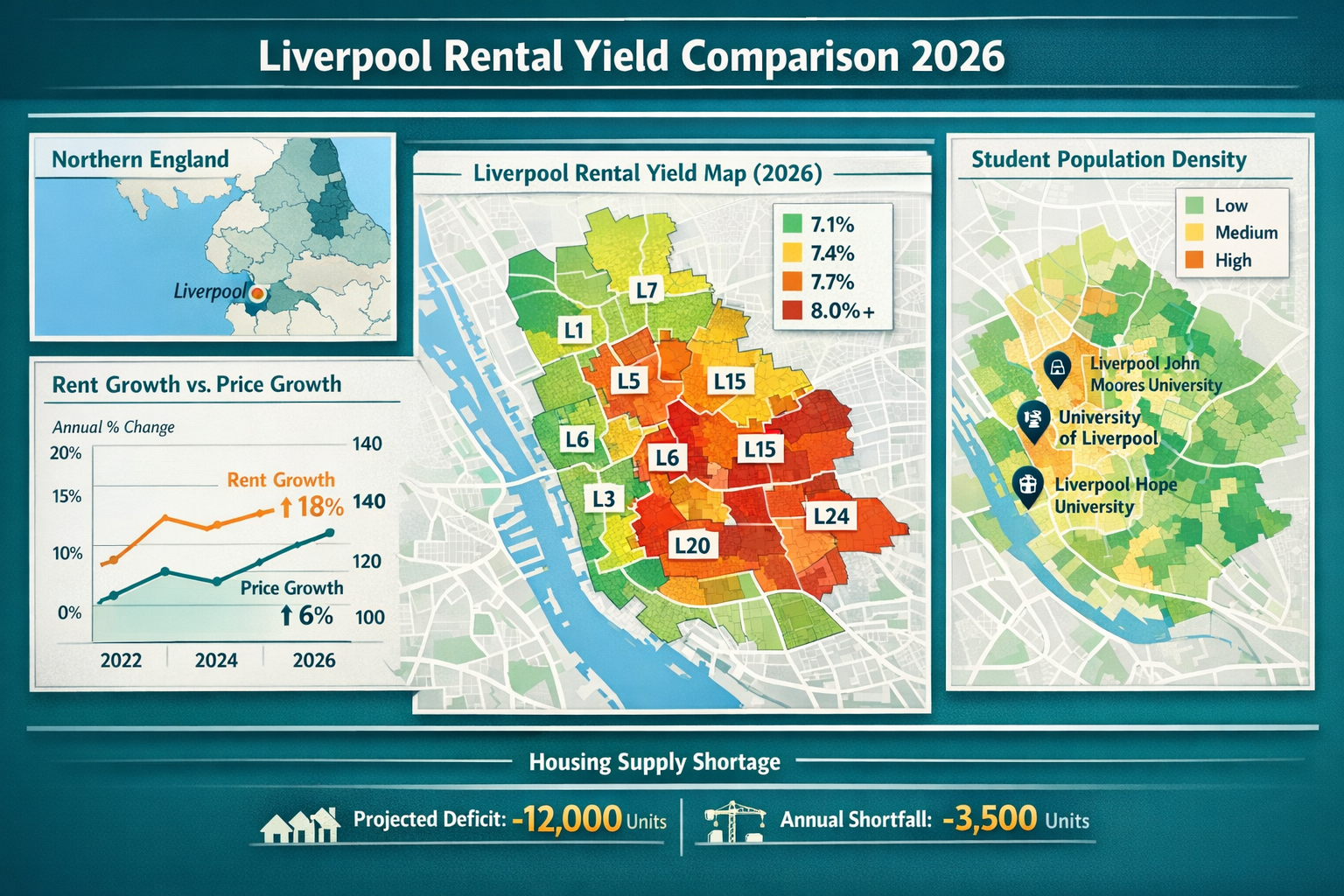 Comprehensive () infographic-style visualization displaying Liverpool rental yield comparison data for 2026, central heat