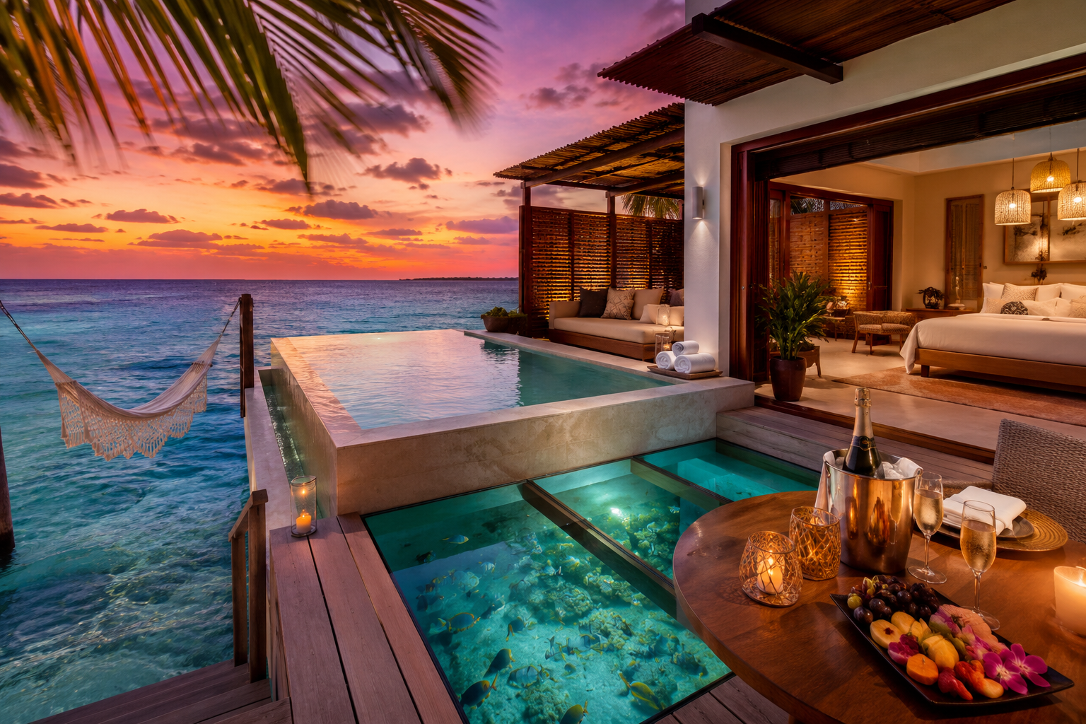() vibrant travel photography composition showing luxury overwater villa at El Dorado Maroma Palafitos Mexico, featuring