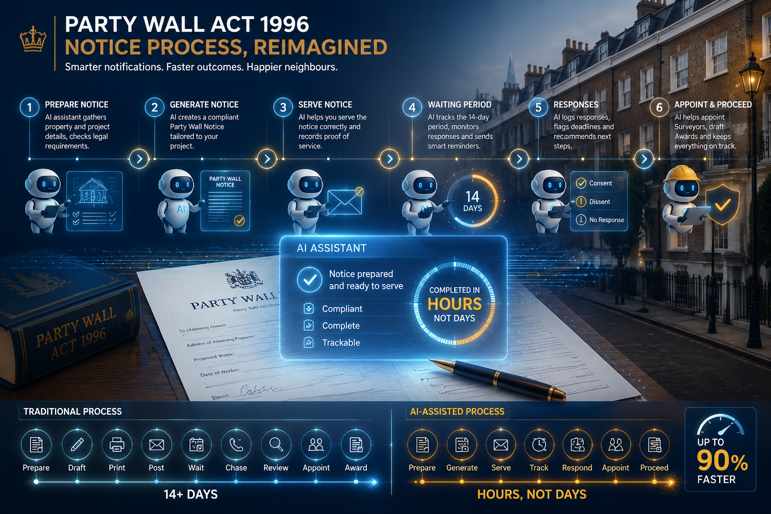 Detailed () conceptual illustration showing a timeline diagram of the Party Wall Act 1996 notice process, with AI bot icons