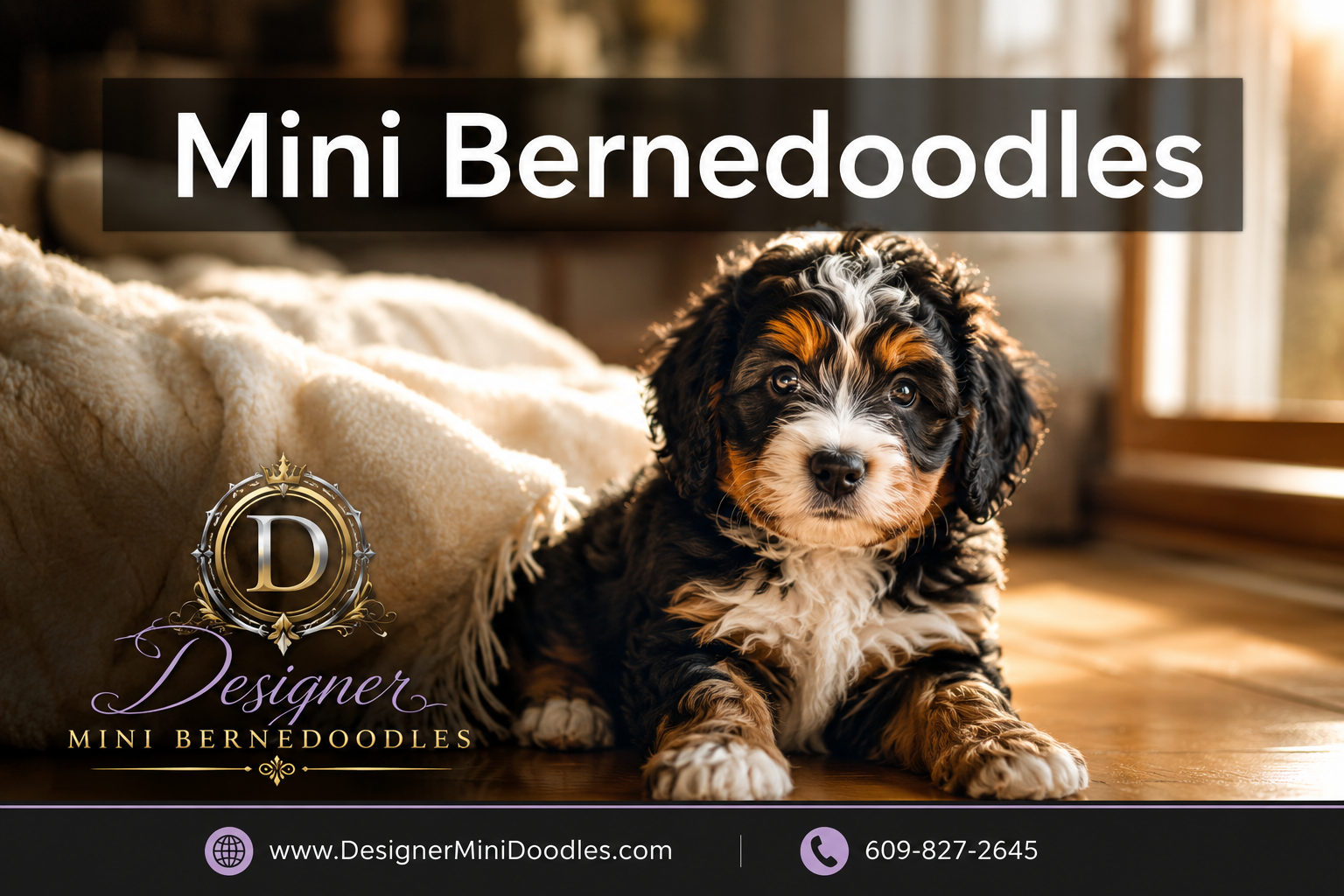 Professional () editorial hero image with 'Mini Bernedoodles' in crisp white modern on a semi-transparent charcoal bar,